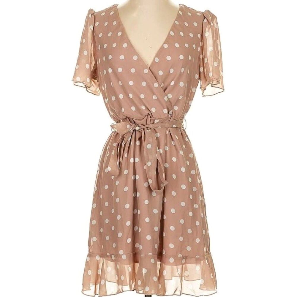 Emerald Sundae Beige White Polka Dot Wrap Dress Size 5 Belted Flutter Sleeve